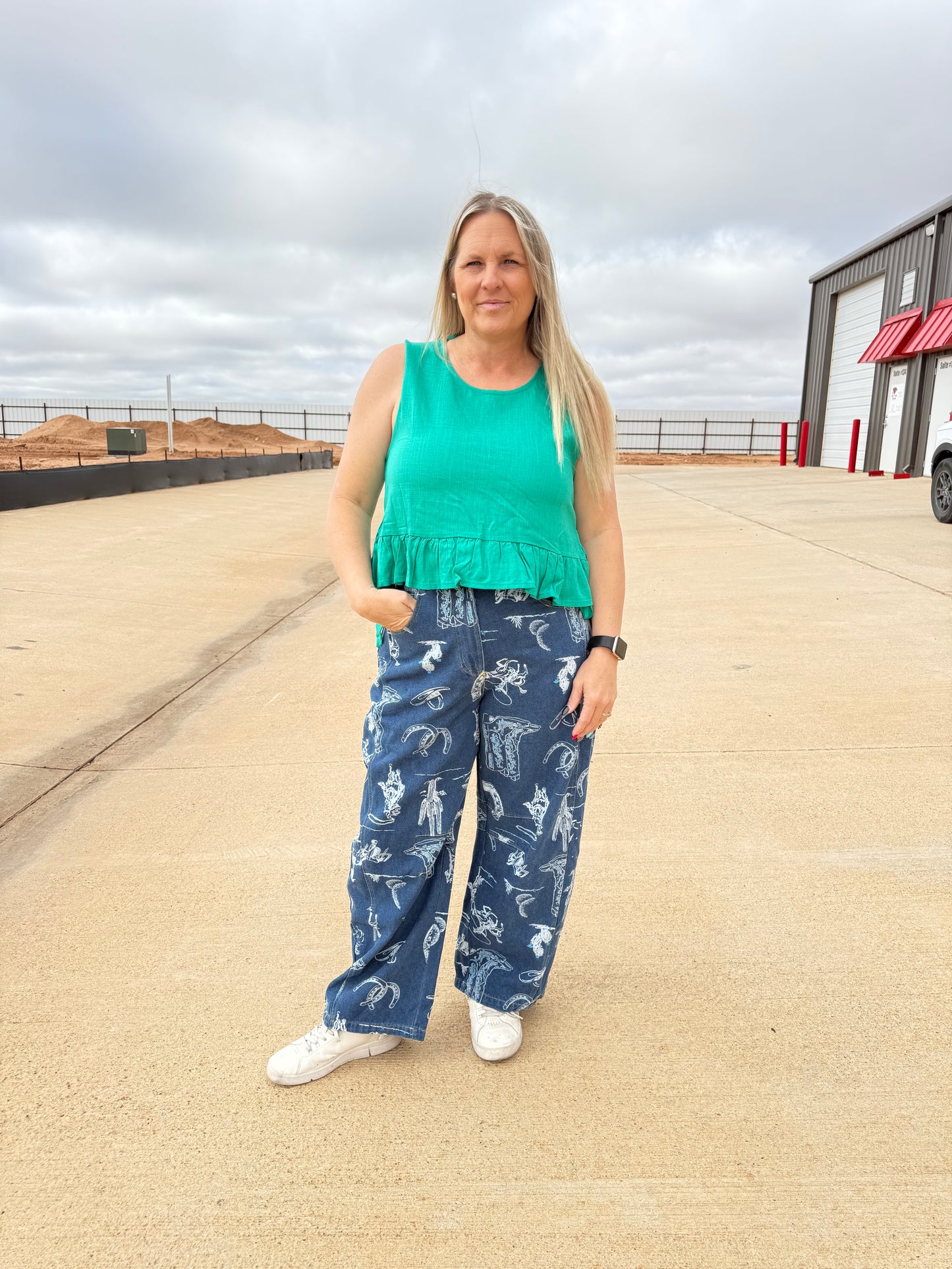 Western Print Wide Leg Barrel Jeans