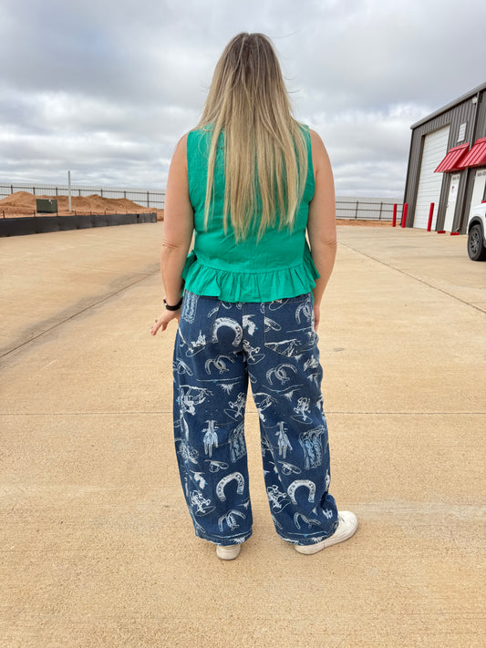 Western Print Wide Leg Barrel Jeans