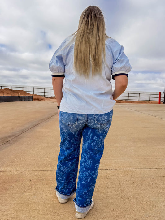Wide Leg Paisley Cuff Jeans