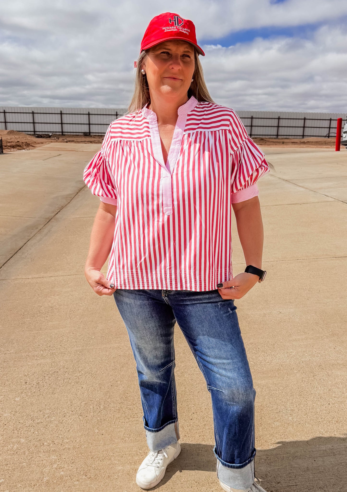 Red Striped with Puff Sleeve Top
